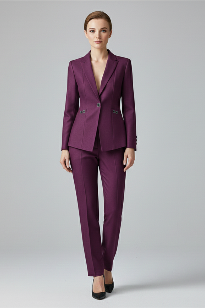 Kara Womens One-Button Blazer Suit Set with Straight Pants in Purple