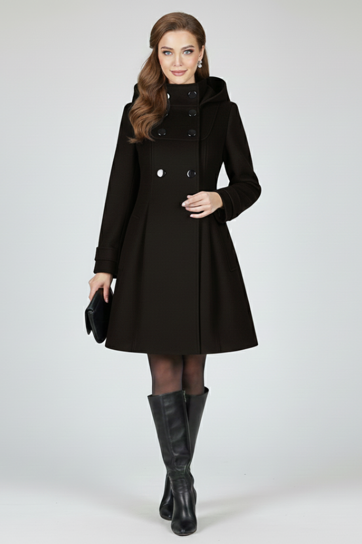 Jill Womens Hooded Coat with Double Button Front in Black
