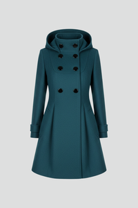 Jill | Womens Hooded Coat with Double Button Front | A-Line, Knee Length, Flap Pockets | Black, Green, Navy S-3XL