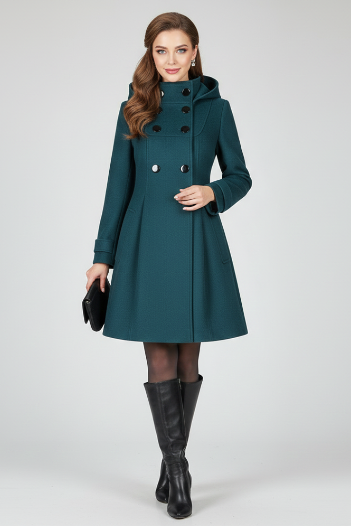 Jill Womens Hooded Coat with Double Button Front in Green