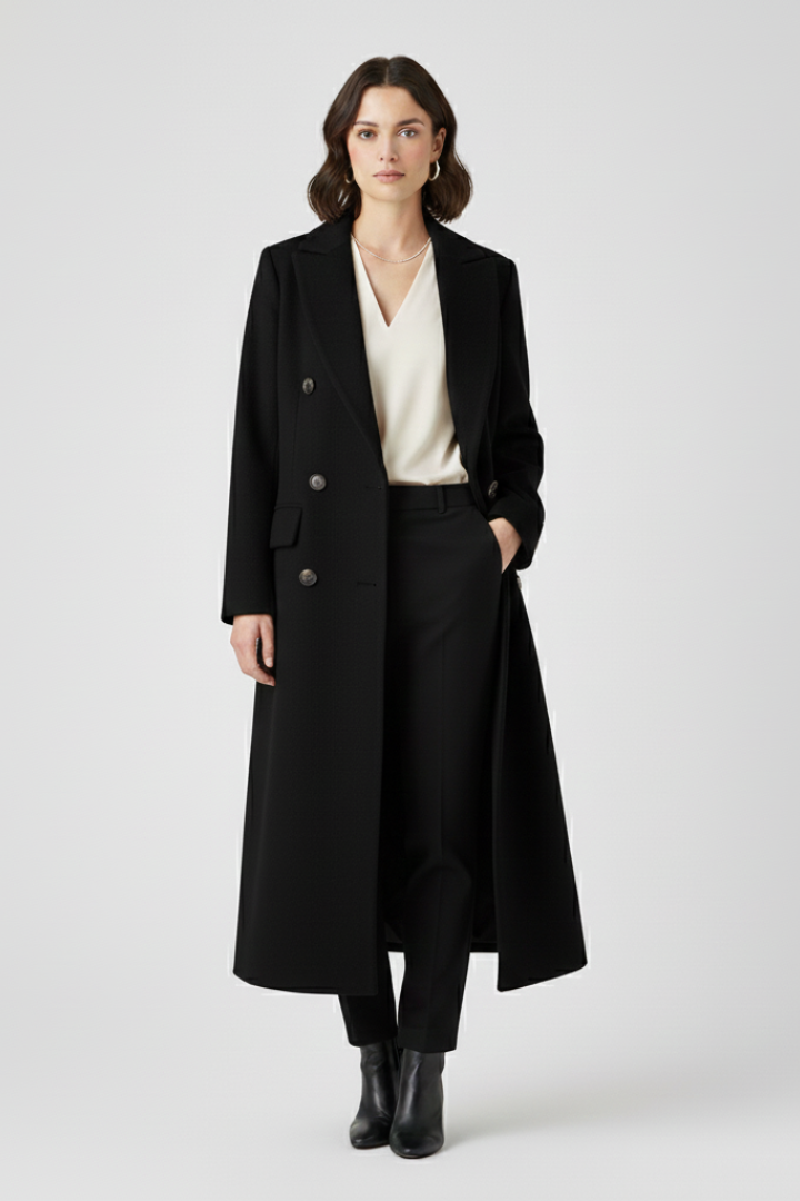 Gina Womens Long Coat with Lapel Collar in Black
