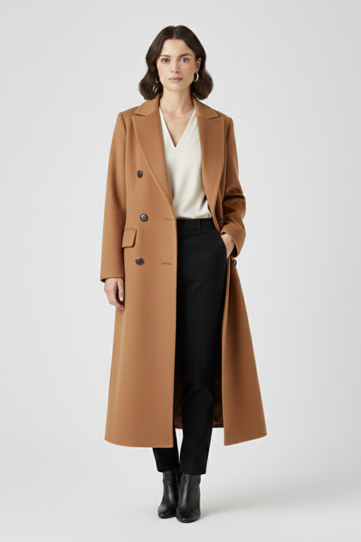 Gina Womens Long Coat with Lapel Collar in Brown