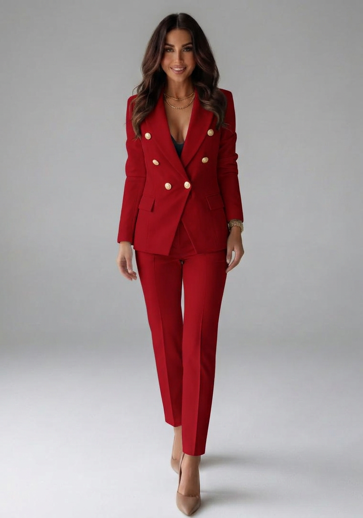Kari Womens Double-Breasted Blazer and Trousers Set in Red