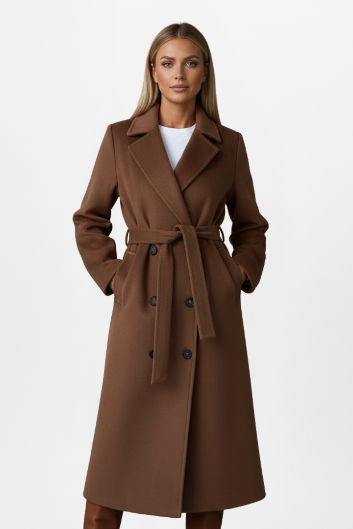 Kayla Womens Long Belted Coat with Double-Breasted Front in Brown