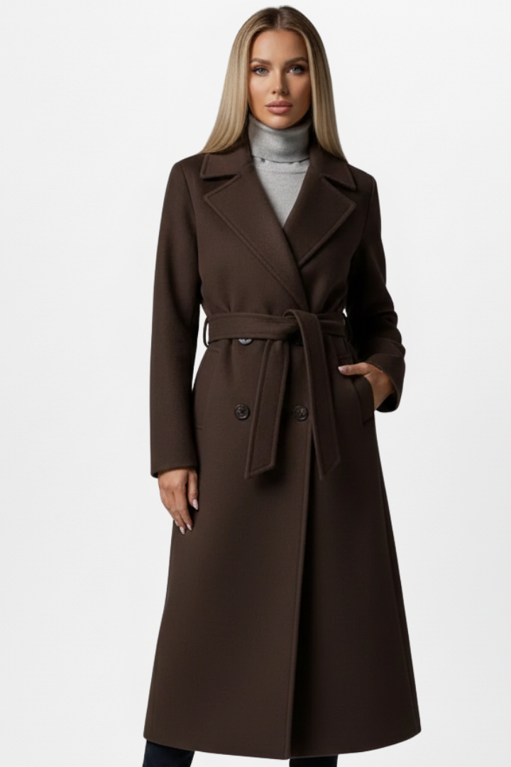 Kayla Womens Long Belted Coat with Double-Breasted Front in Chocolate Brown