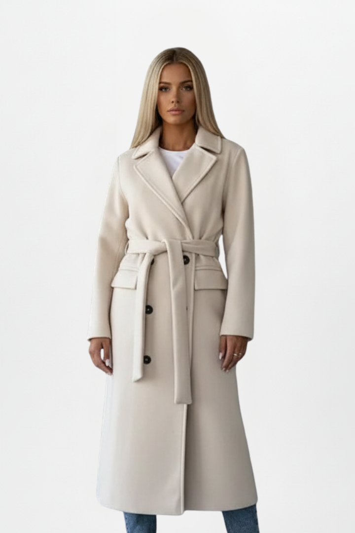 Kayla Womens Long Belted Coat with Double-Breasted Front in Cream