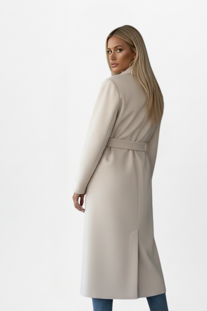 Kayla Womens Long Belted Coat with Double-Breasted Front