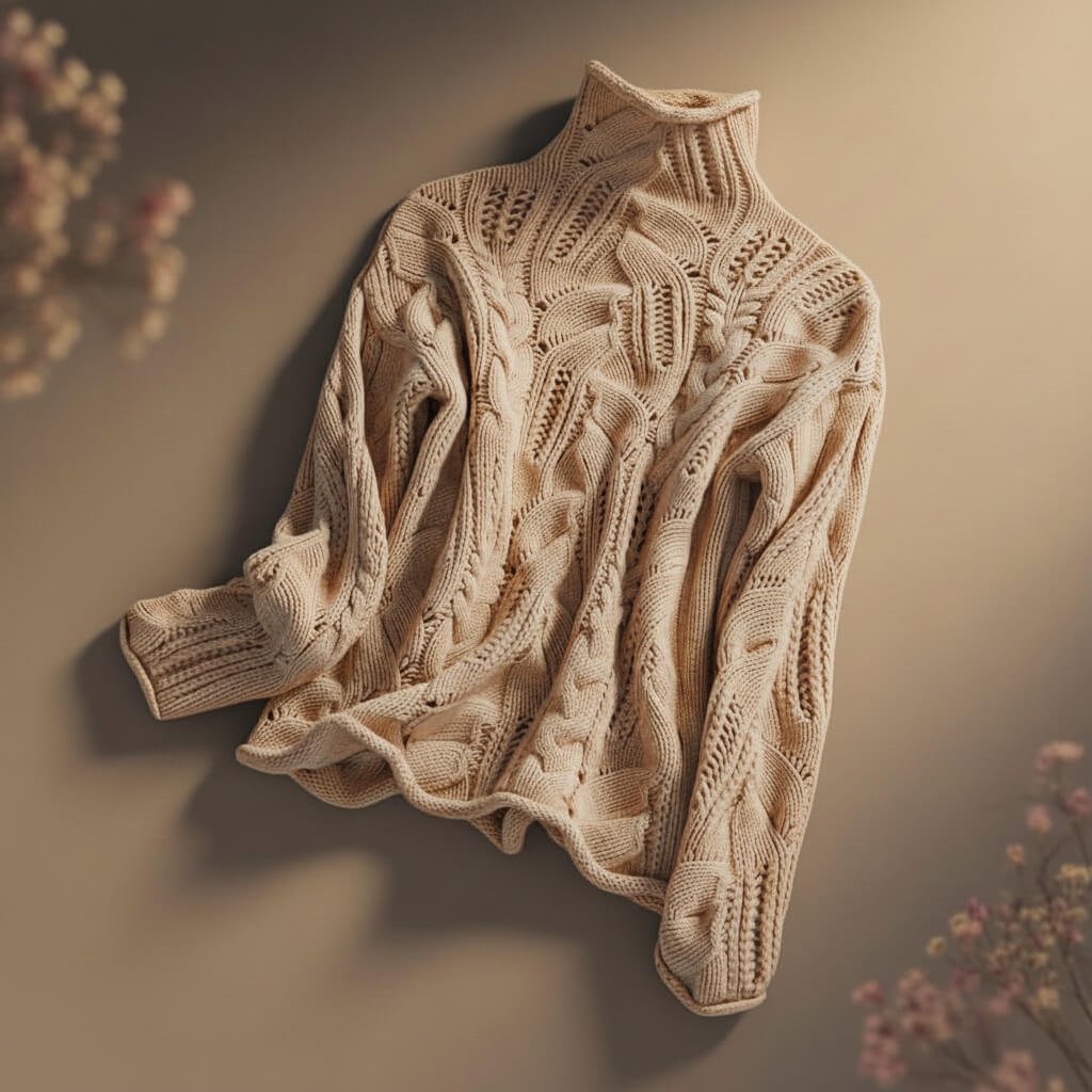 Nora Womens Hand-Knit Merino Wool Blend Sweater in Apricot Brown