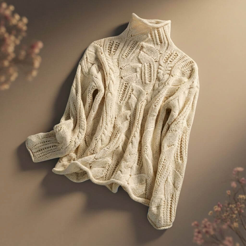 Nora Womens Hand-Knit Merino Wool Blend Sweater in Cream Beige