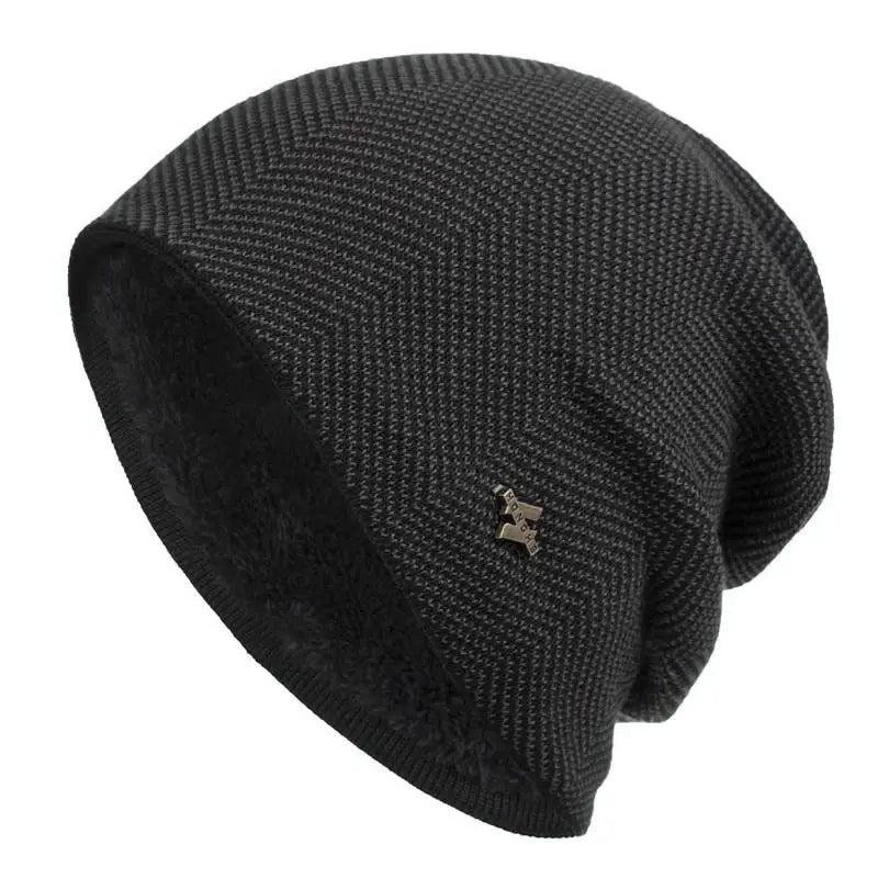 Sean Unisex Herringbone Knit Beanie with Faux Fur Lining in Black