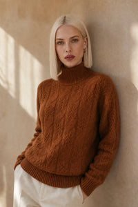 Rachel | Womens Cable Knit Cashmere Blend Sweater | Half-High Collar, Soft Feel | Orange, Cream and More S-2XL