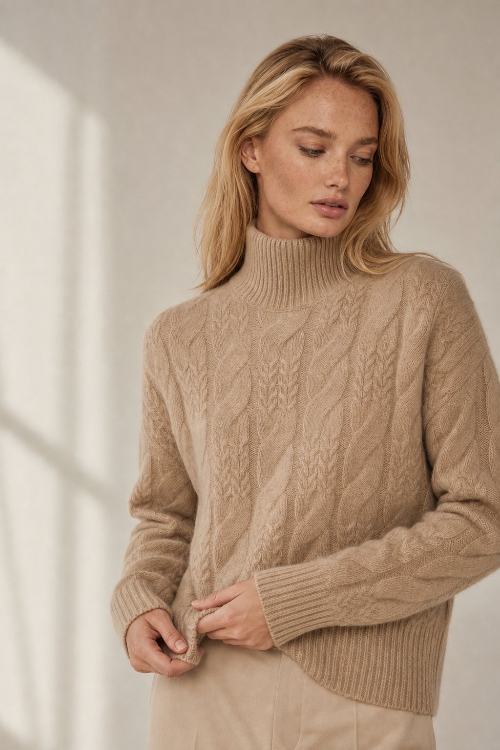 Rachel Womens Cable Knit Cashmere Blend Sweater in Beige