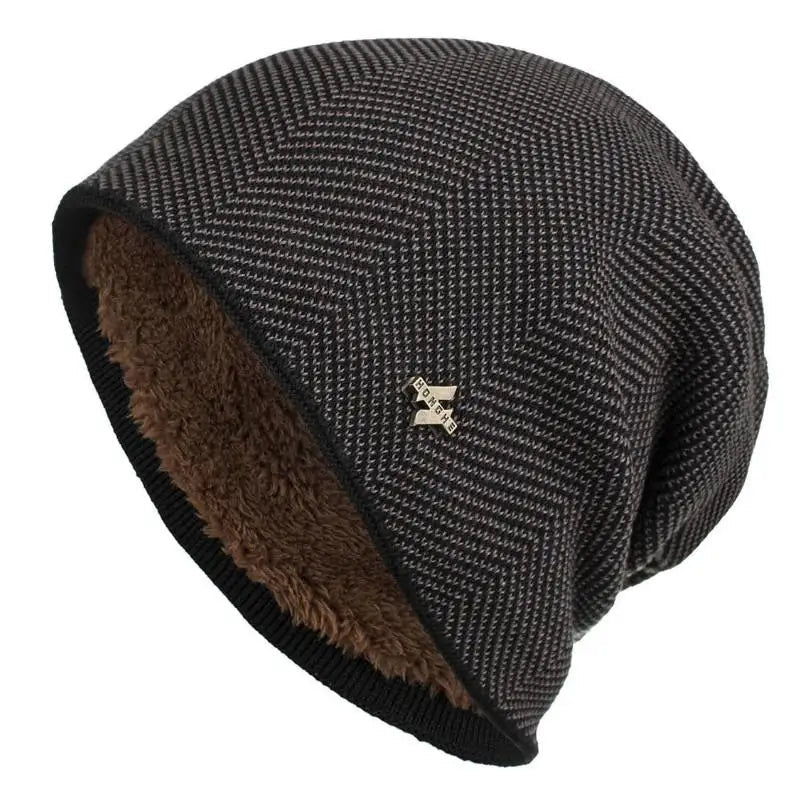 Sean Unisex Herringbone Knit Beanie with Faux Fur Lining in Brown