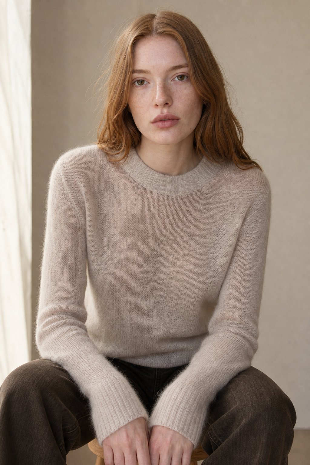 Tanya Womens Crew Neck Knit Sweater in Khaki