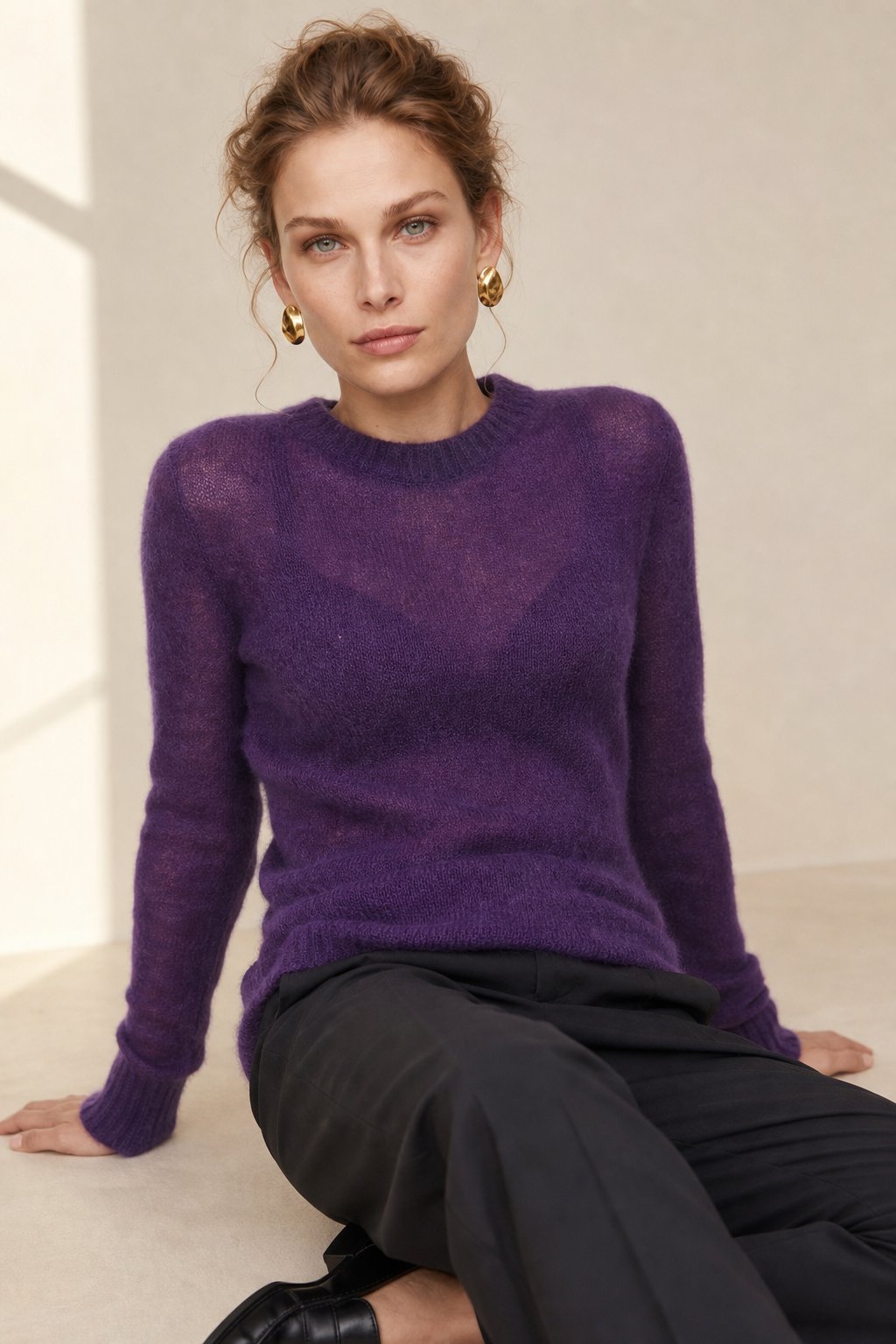 Tanya Womens Crew Neck Knit Sweater in Purple