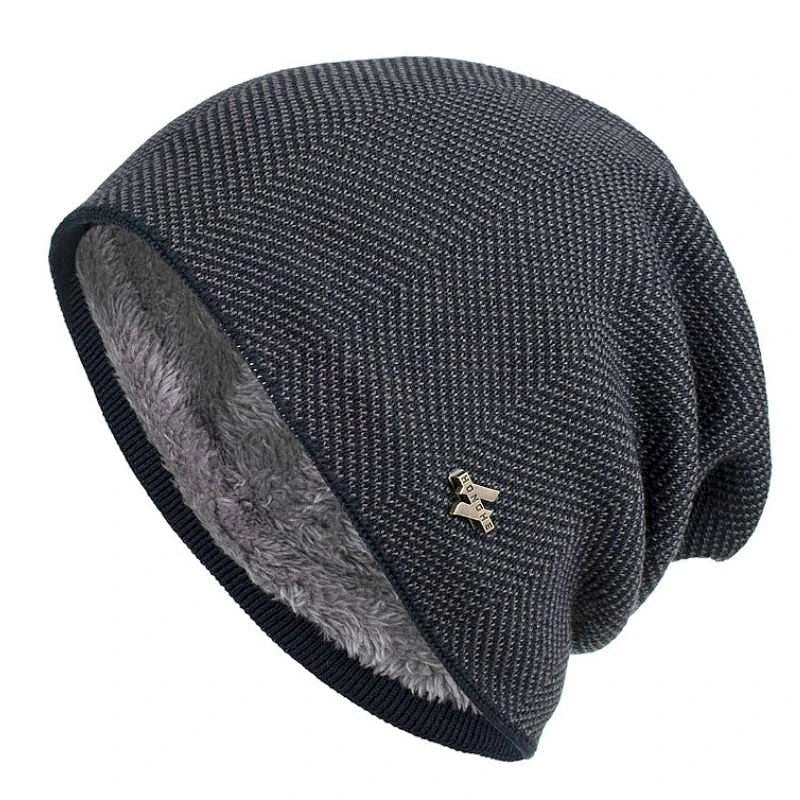 Sean Unisex Herringbone Knit Beanie with Faux Fur Lining in Charcoal