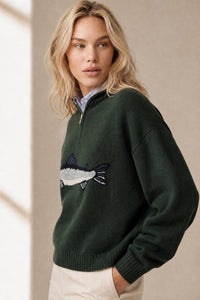 Hadley | Womens Half-Zip Knit Sweater with Fish Pattern | Wool Blend, Ribbed Trim | Forest, Black and More XS-XL