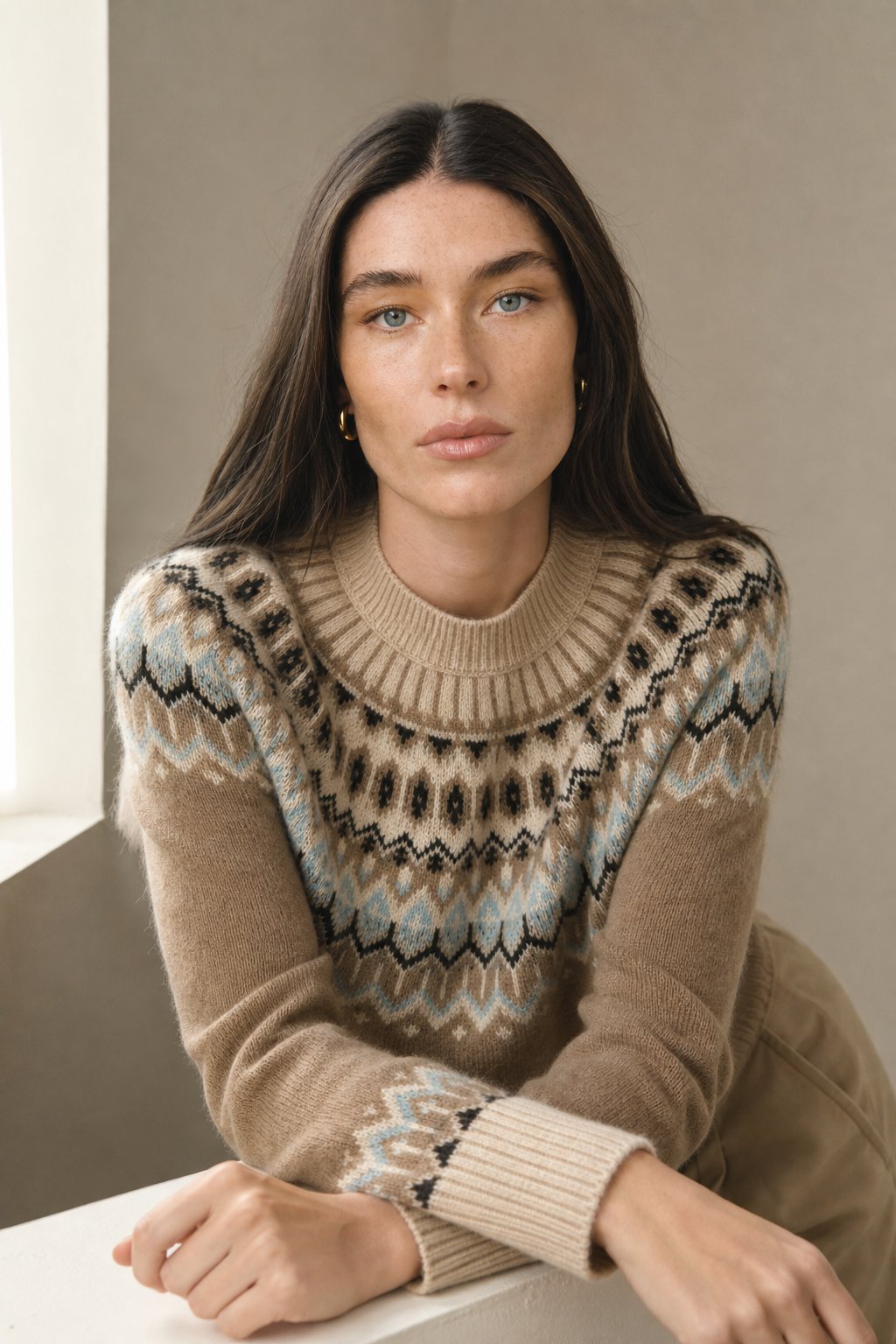 Carly Womens Fair Isle Cashmere Sweater with Mock Neck in Camel