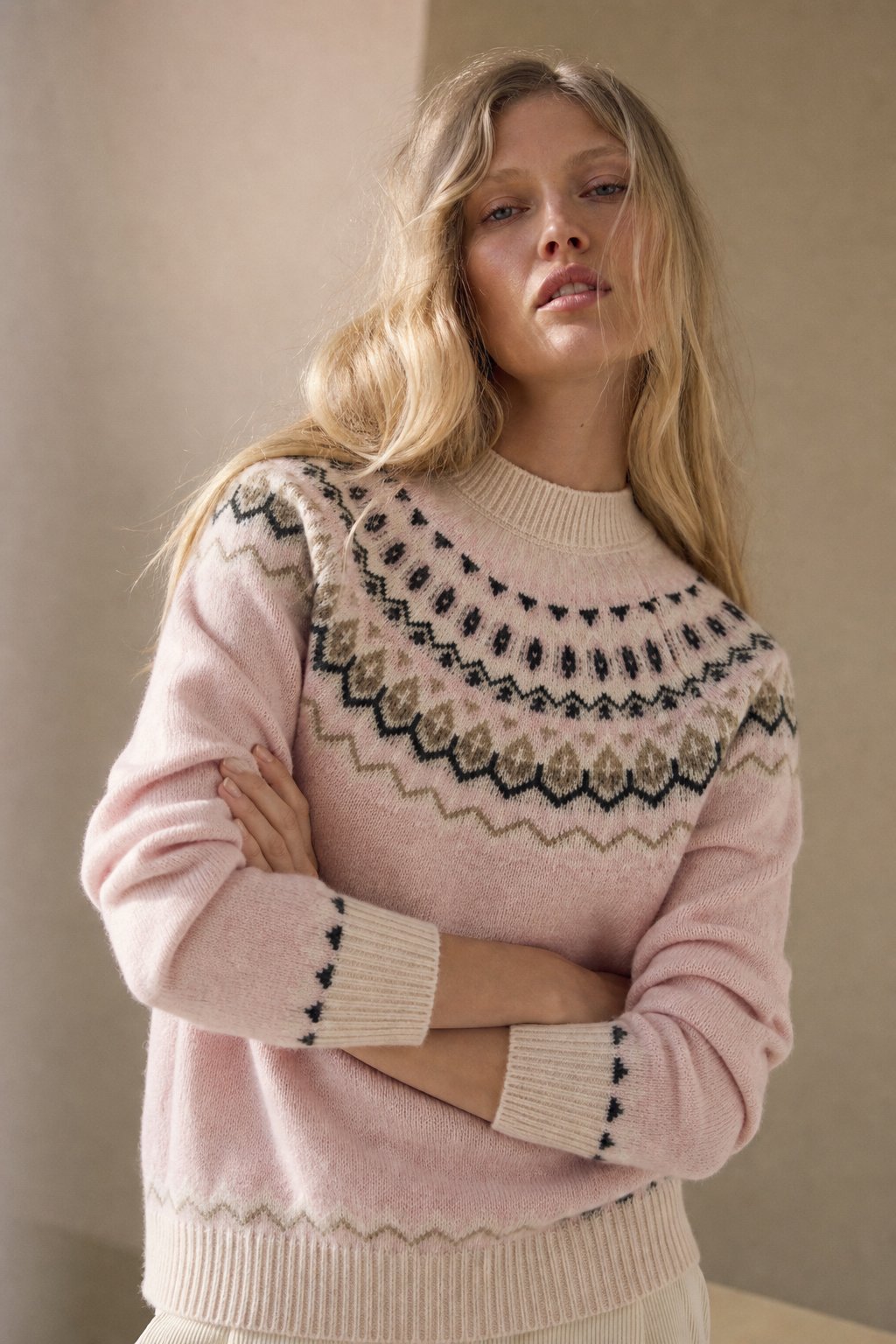 Carly Womens Fair Isle Cashmere Sweater with Mock Neck