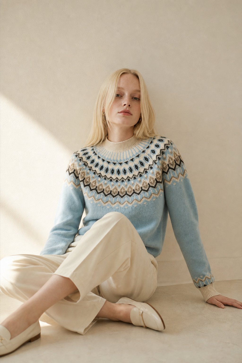 Carly Womens Fair Isle Cashmere Sweater with Mock Neck