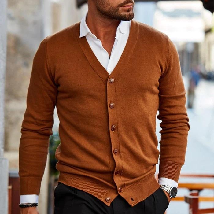 Joel Mens Cardigan Sweater with V-Neck and Buttons in Dark Brown