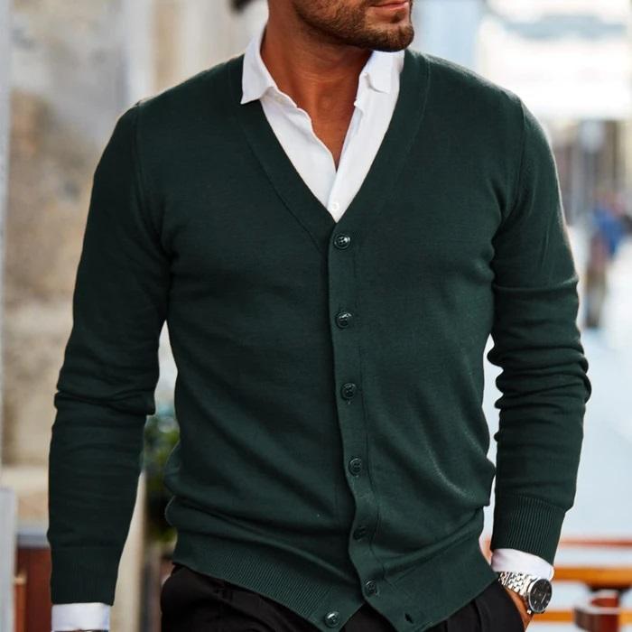 Joel Mens Cardigan Sweater with V-Neck and Buttons in Dark Green
