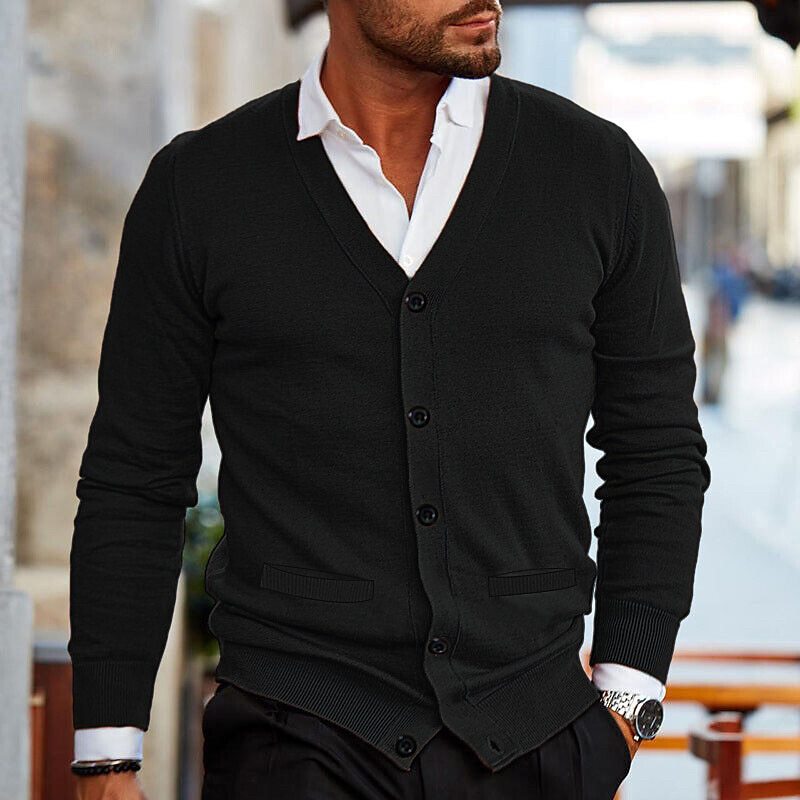 Joel Mens Cardigan Sweater with V-Neck and Buttons in Black