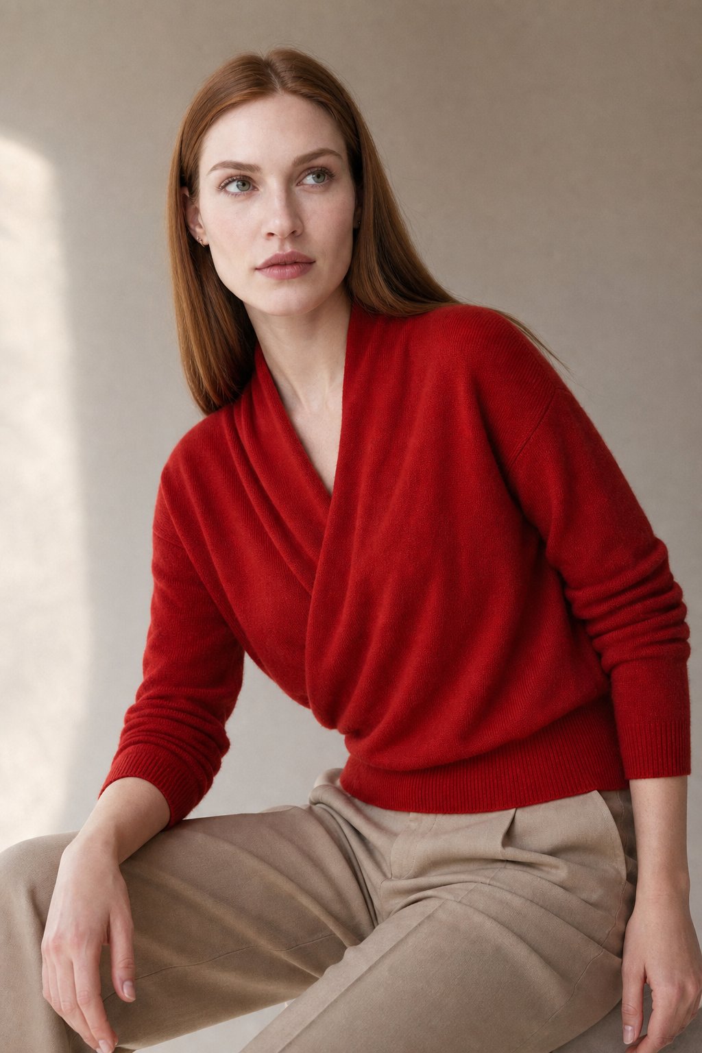 Diana Womens Cashmere Sweater with Crossover Collar in Red