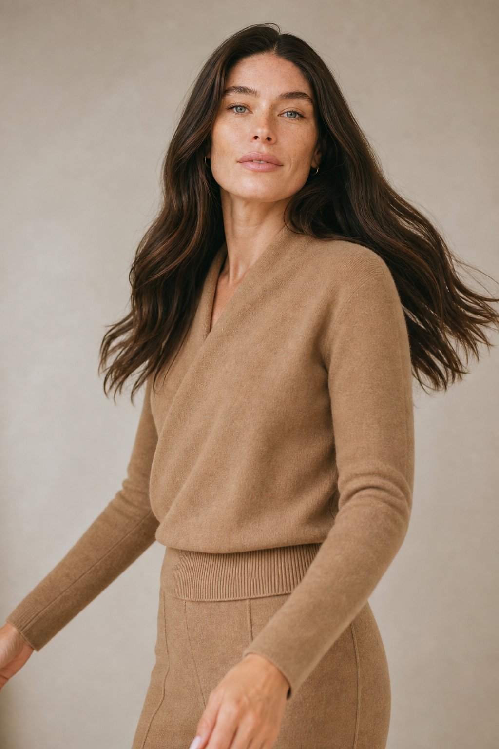 Diana Womens Cashmere Sweater with Crossover Collar in Camel